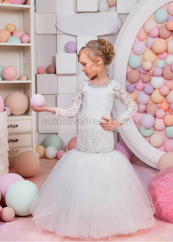 Mermaid Ivory Lace Tulle Floor Length Beaded Flower Girl Dress